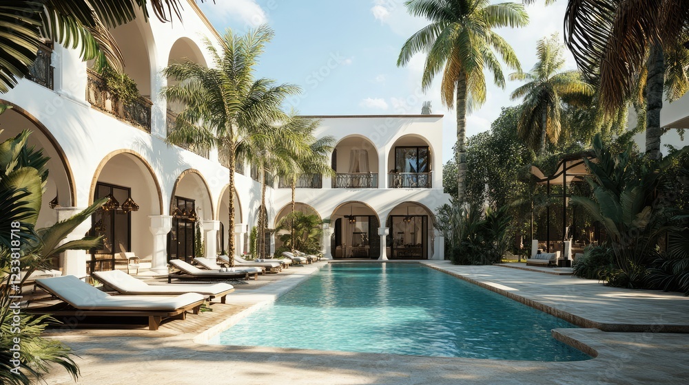Fototapeta premium Luxurious island hotel with swimming pool and sun loungers for relaxation