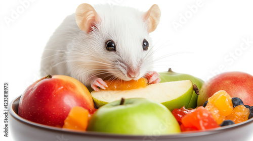 A cute white mouse enjoying fresh fruits in a bowl, showcasing the beauty of small animals and healthy food. photo