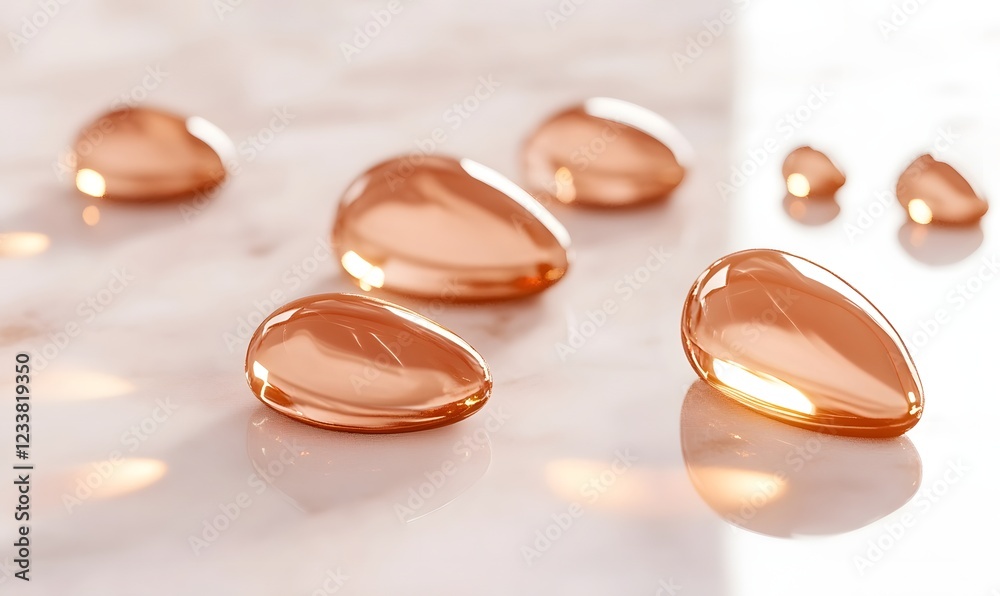 Rose gold drops on marble, soft light, beauty product concept