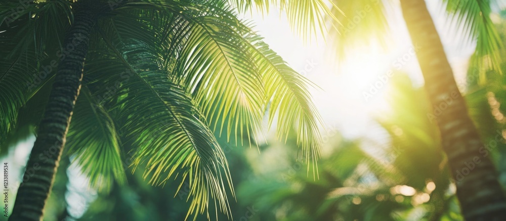 Fototapeta premium Sunlight Filtering Through Tropical Palm Leaves in Lush Greenery with Copy Space