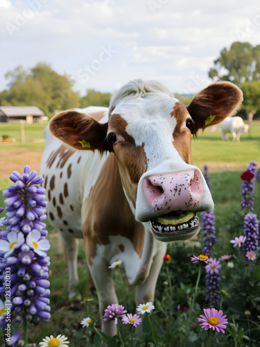 A cow chewing cud in a serene farm setting, surrounded by blooming flowers photo