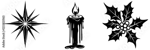 Set of Candle Illustrations, Dripping Wax Candles, Black and White Vector Graphics, Spooky Decorations, Gothic Elements, Isolated on White Background