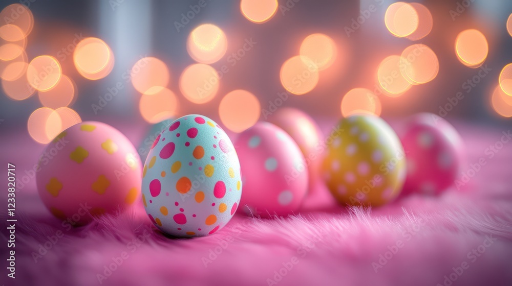 Pastel Easter eggs on pink fur, bokeh lights Pastel Easter eggs on pink fur, bokeh lights
