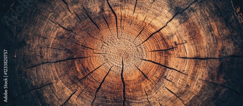 Close-up of tree trunk cross-section with visible growth rings and cracks