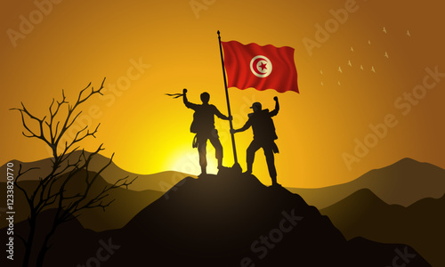 Tunisia flag, silhouette of two climbers holding a flag at sunset over the mountain