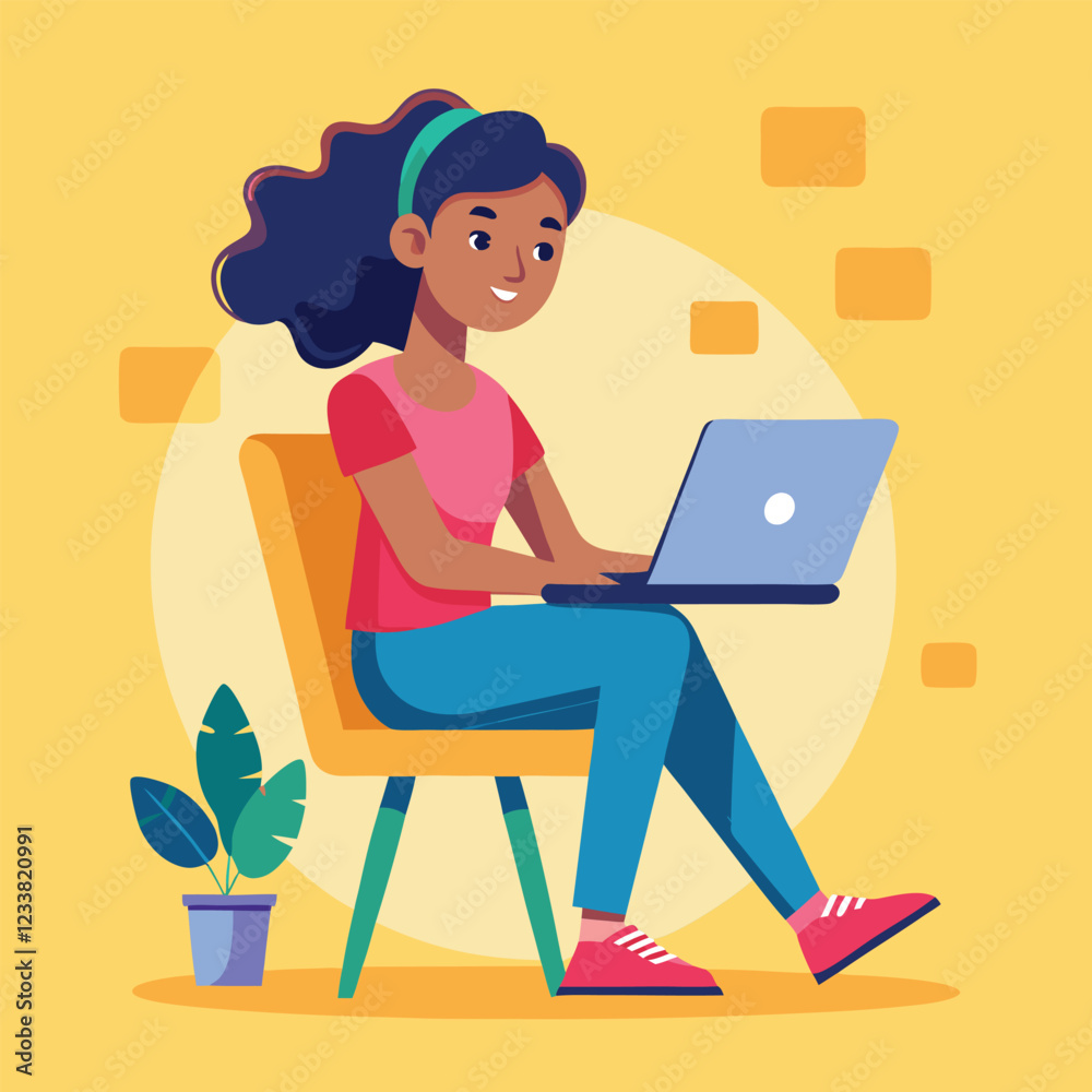 a girl is using his laptop vector a girl is using his laptop vector