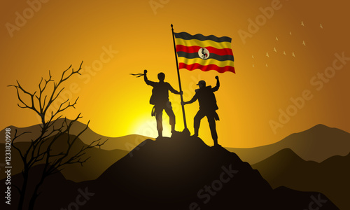 Uganda flag, silhouette of two climbers holding a flag at sunset over the mountain