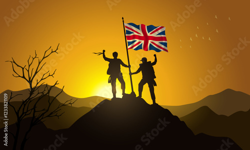 United Kingdom flag, silhouette of two climbers holding a flag at sunset over the mountain