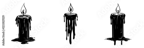 Set of Candle Illustrations, Dripping Wax Candles, Black and White Vector Graphics, Spooky Decorations, Gothic Elements, Isolated on White Background
