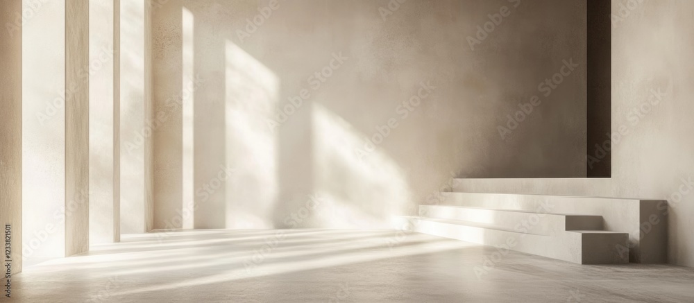 Interior empty room with natural light shadows on textured walls and steps, minimalistic design with copy space Interior empty room with natural light shadows on textured walls and steps, minimalistic design with copy space