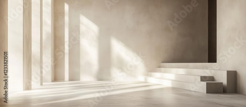 Interior empty room with natural light shadows on textured walls and steps, minimalistic design with copy space