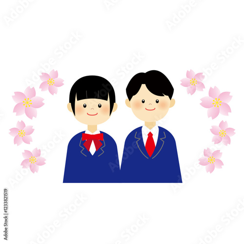 桜の花とブレザーの制服の可愛い学生のイラスト