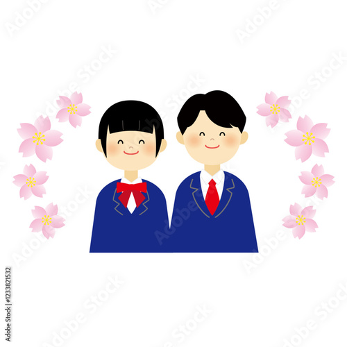 桜の花とブレザーの制服の可愛い学生のイラスト