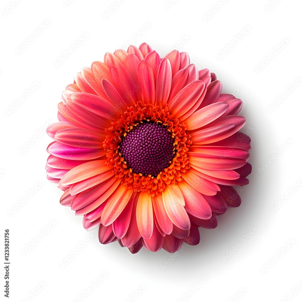 A vibrant daisy with deep pink and orange petals, centered on a white background, top view, no shadow, no text or other elements in the center of the flower, isolated on a transparent background, A vibrant daisy with deep pink and orange petals, centered on a white background, top view, no shadow, no text or other elements in the center of the flower, isolated on a transparent background,