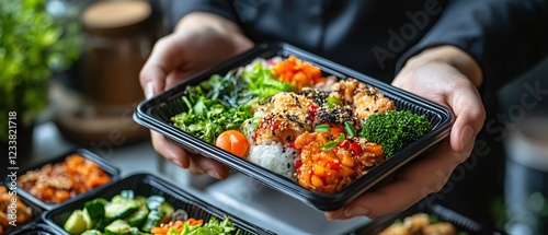Hands holding a black tray with a colorful and appetizing meal ready for take away or delivery