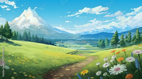 Gorgeous hand-drawn illustration depicting scenic mountains and farmlands, enriched with intricate details and an anime-inspired touch.