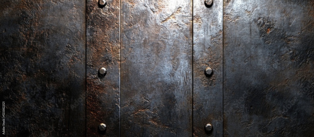 Fototapeta premium Metal surface with textured panels and bolts for industrial background Copy Space