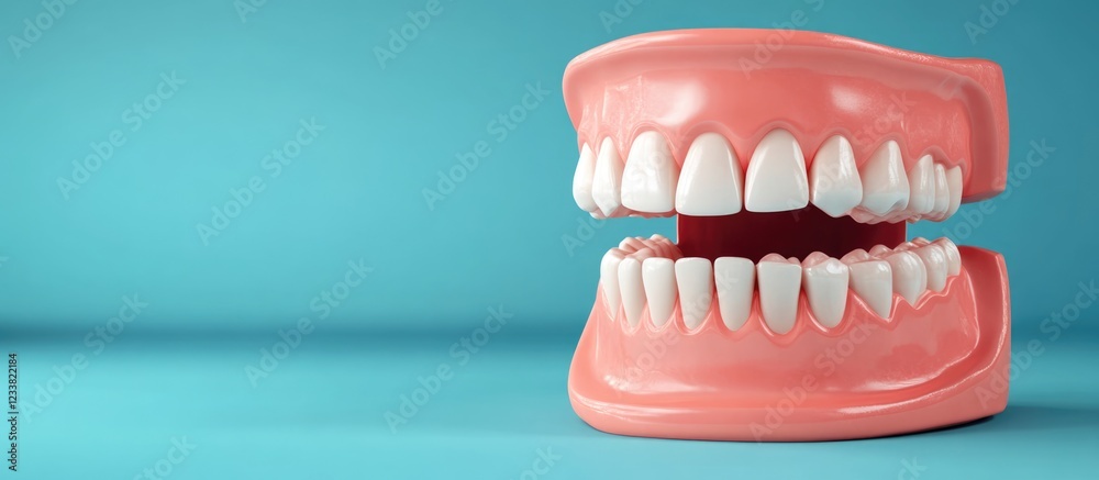 Obraz premium Dental Model with Bright White Teeth and Generous Copy Space for Text on a Blue Background Ideal for Marketing and Educational Use