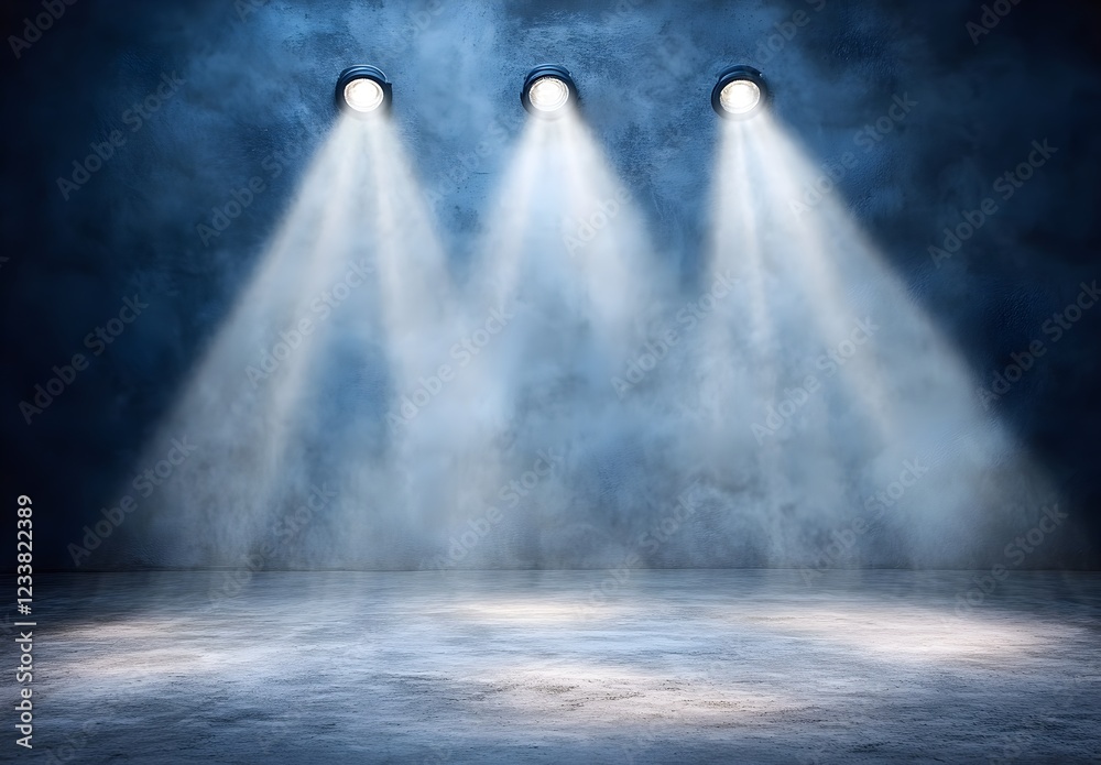 Abstract background, a wall with three spotlights, and a floor in a gray color. Abstract background, a wall with three spotlights, and a floor in a gray color.