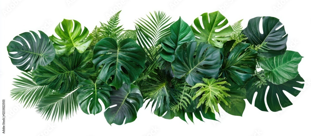 Tropical green leaf arrangement on white background with Copy Space for text placement Tropical green leaf arrangement on white background with Copy Space for text placement