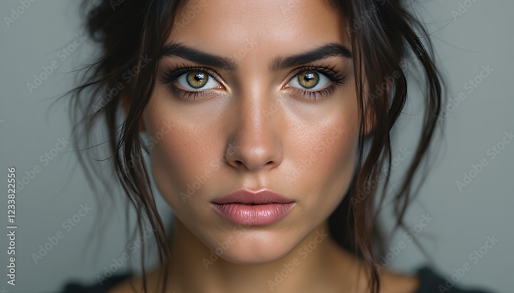Stunning Close-up Portrait of a Woman with Striking Green Eyes and a Neutral Makeup Look Stunning Close-up Portrait of a Woman with Striking Green Eyes and a Neutral Makeup Look