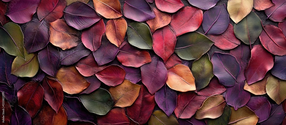 Colorful autumn leaves overlapping in a dense pattern for background texture and design with Copy Space. Colorful autumn leaves overlapping in a dense pattern for background texture and design with Copy Space.