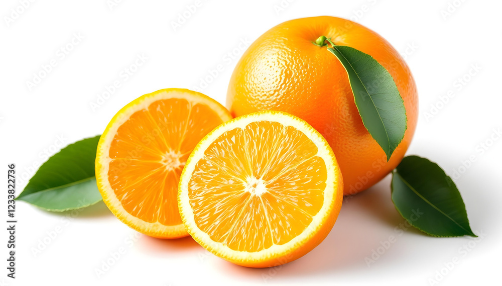 A close-up of a whole orange with two juicy slices arranged beside it. The image captures the rich, natural texture of the orange peel and the vibrant, translucent flesh of the slices. Green leaves ad A close-up of a whole orange with two juicy slices arranged beside it. The image captures the rich, natural texture of the orange peel and the vibrant, translucent flesh of the slices. Green leaves ad