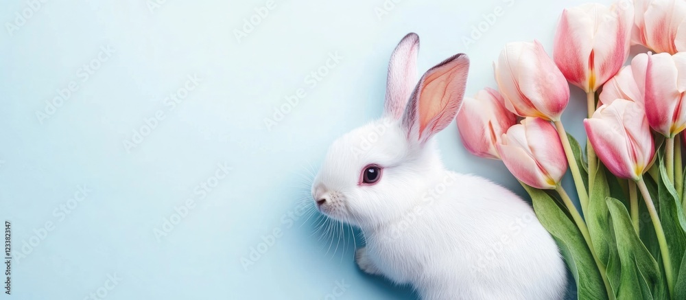 Obraz premium White bunny rabbit next to pink tulips on light blue background with copy space for text