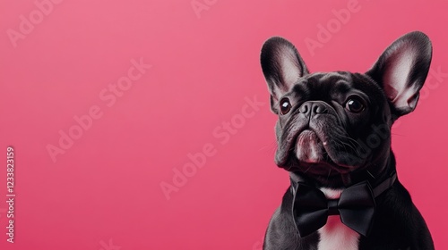 Elegant French bulldog in black bowtie on a pink backdrop with empty space for text showcasing stylish pet fashion and sophistication.