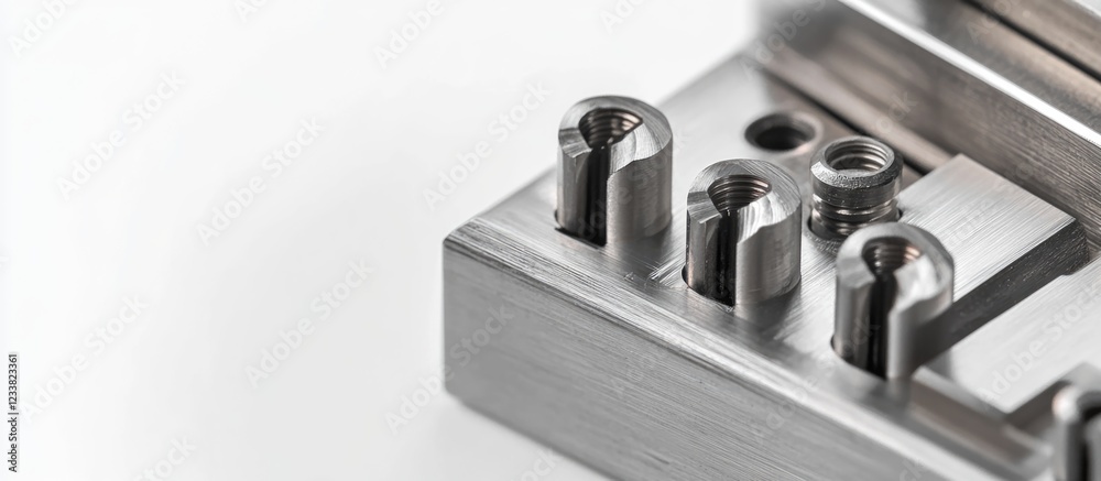 Close-up of precision metal machining components on a white background with Copy Space for text placement. Close-up of precision metal machining components on a white background with Copy Space for text placement.