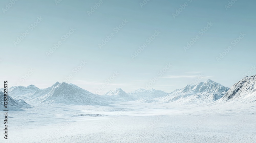 Obraz premium Snowy mountain landscape with expansive white terrain and distant peaks under a clear pale blue sky Copy Space