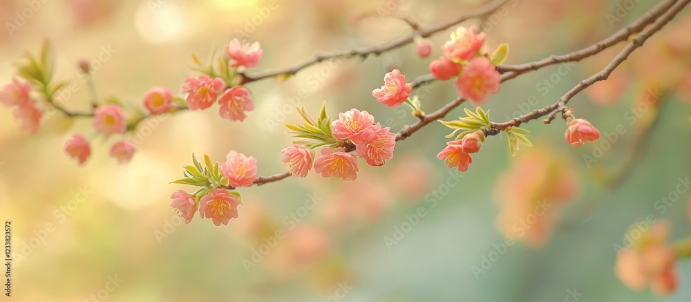 Soft focus cherry blossom branches with delicate pink flowers and green leaves against a blurred background Copy Space Soft focus cherry blossom branches with delicate pink flowers and green leaves against a blurred background Copy Space