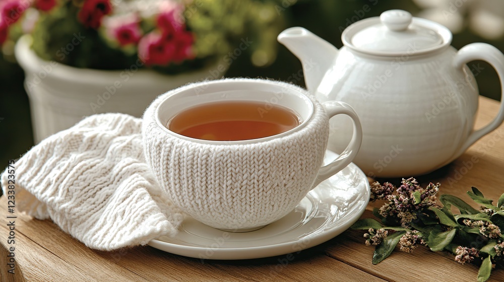 Cozy teacup, knitted cover, teapot, garden, relaxation Cozy teacup, knitted cover, teapot, garden, relaxation