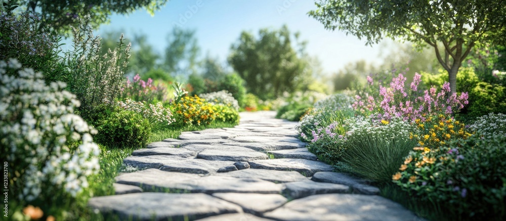 Fototapeta premium Pathway in a lush garden surrounded by vibrant flowers and greenery with natural sunlight illuminating the scene Copy Space