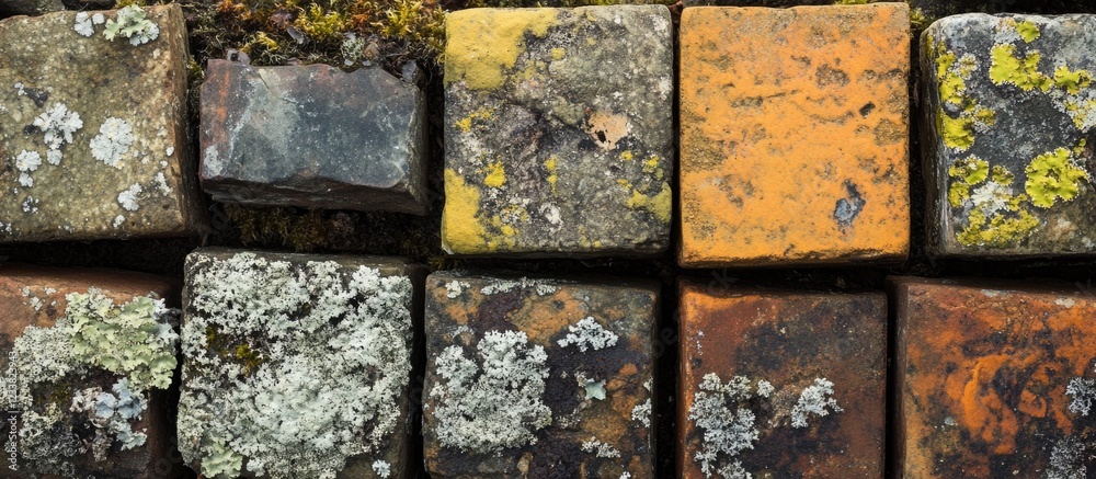 Weathered stone tiles with moss and lichen growth in a pattern on a textured surface Copy Space Weathered stone tiles with moss and lichen growth in a pattern on a textured surface Copy Space