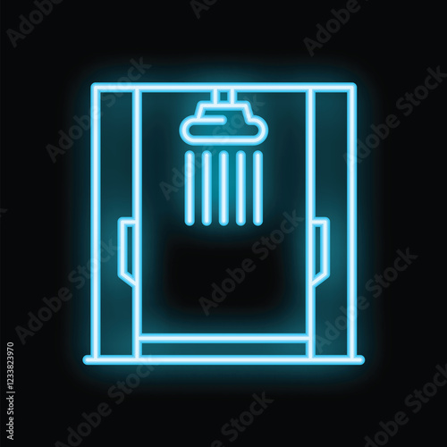 Blue neon sign depicting a shower stall with running water against a black background, perfect for designs related to hygiene, bathrooms, and relaxation