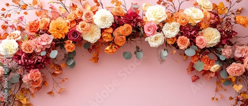 Fototapeta Naklejka Na Ścianę i Meble -  Autumnal floral arch with roses and leaves on pink background for wedding or fall event