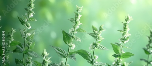 Fresh green basil plants with soft focus background ideal for food themes and culinary use Copy Space photo