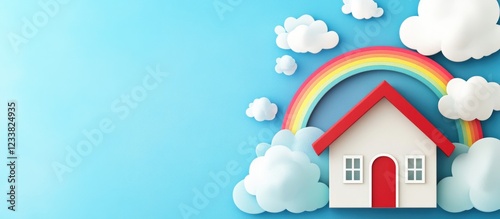 Colorful house illustration with a rainbow and clouds on a blue background, featuring copy space for text insertion photo