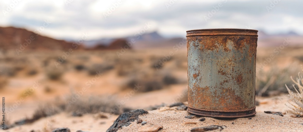 Rusty metal canister on desert ground with blurred mountainous background and cloudy sky Copy Space Rusty metal canister on desert ground with blurred mountainous background and cloudy sky Copy Space