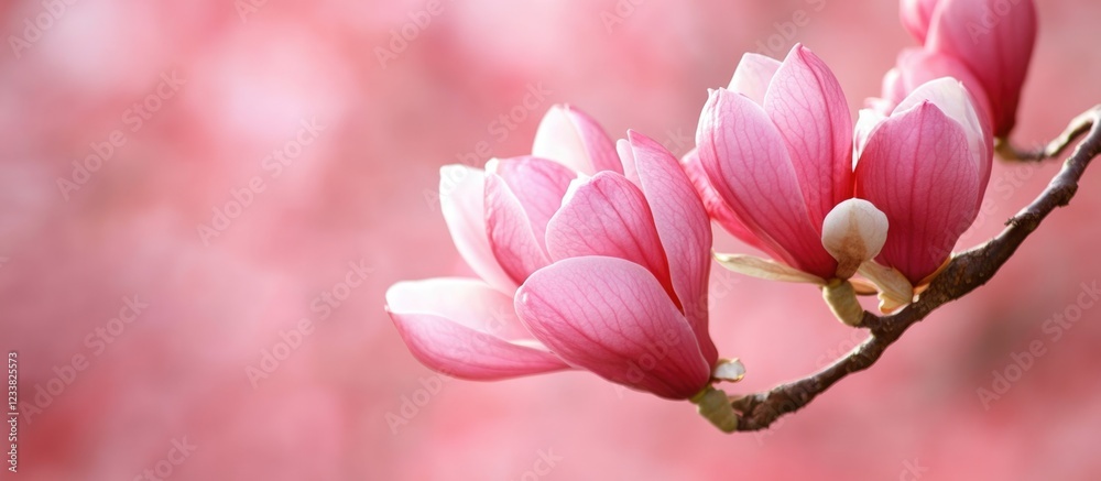 Obraz premium Pink magnolia flowers blooming on branch with blurred soft pink background and ample copy space.