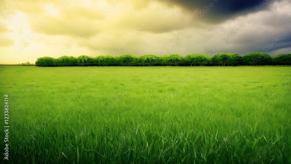 Obraz premium the picture was taken at the moment of sunset on a large field of grass and some trees