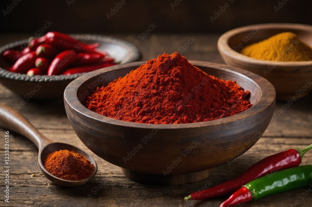 Fototapeta premium Traditional red chili powder with whole red chilies, captured in an ethnic setting. The vibrant color and rich texture highlight the essence of Indian spices and culinary heritage.