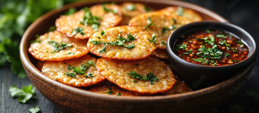 Crispy Indian snacks served on a plate with chutney garnished with fresh herbs Copy Space Crispy Indian snacks served on a plate with chutney garnished with fresh herbs Copy Space