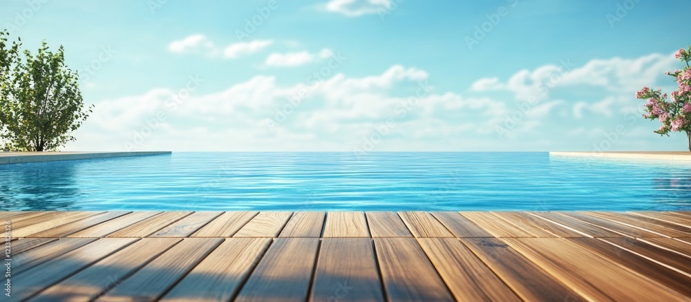 Obraz premium Serene infinity pool overlooking calm ocean with wooden deck and distant horizon under clear blue sky Copy Space