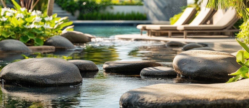 Garden pond with smooth stepping stones leading to poolside lounge chairs surrounded by lush green plants on a sunny day. Garden pond with smooth stepping stones leading to poolside lounge chairs surrounded by lush green plants on a sunny day.