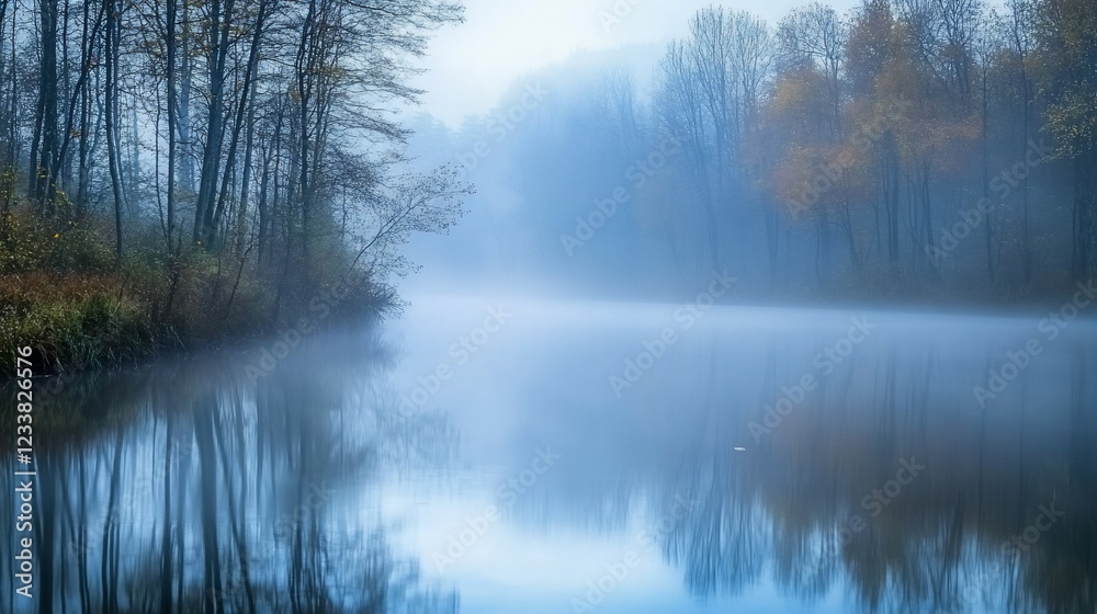 Misty River Reflections: Enigmatic Autumnal Scene Misty River Reflections: Enigmatic Autumnal Scene