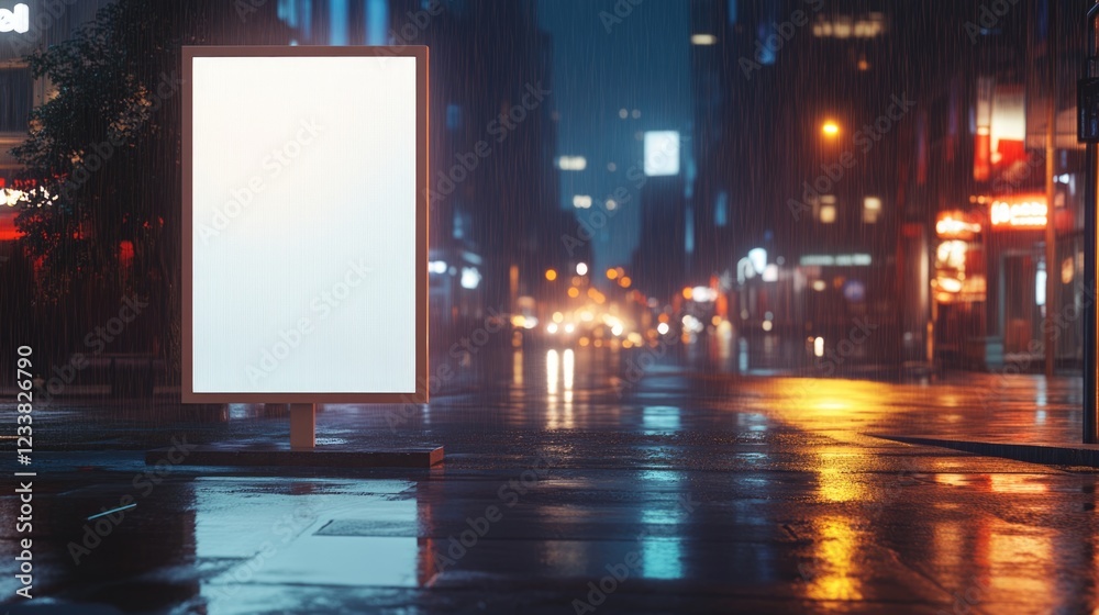 Urban night street scene with blank billboard in rain, reflecting city lights and wet pavement, Copy Space available. Urban night street scene with blank billboard in rain, reflecting city lights and wet pavement, Copy Space available.