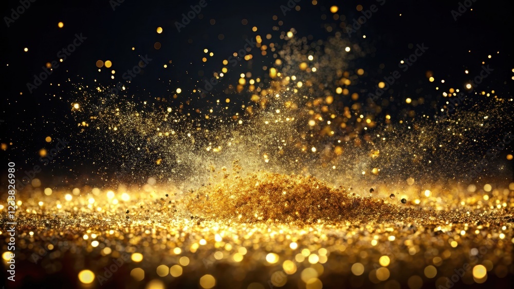 Obraz premium Sparkling gold glitter powder splashing on a dark black background with a subtle sheen effect, creating a mesmerizing visual impact , black background, shine