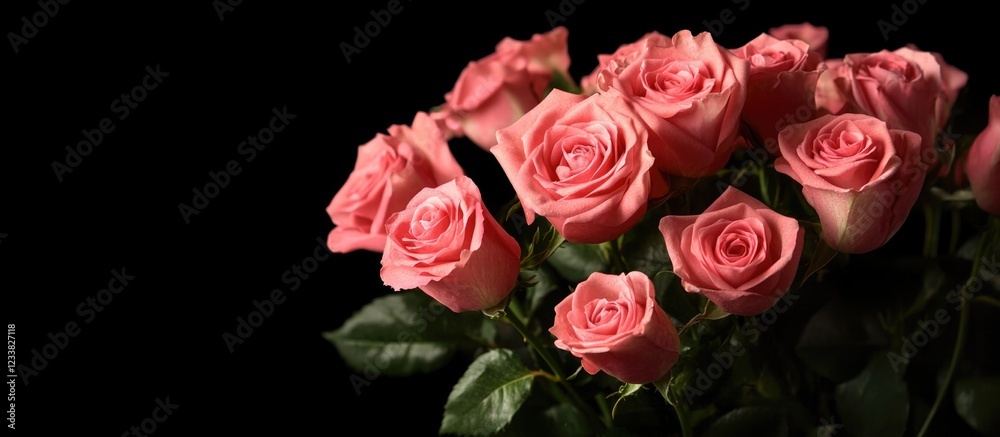 Bouquet of pink roses with dark background and ample copy space